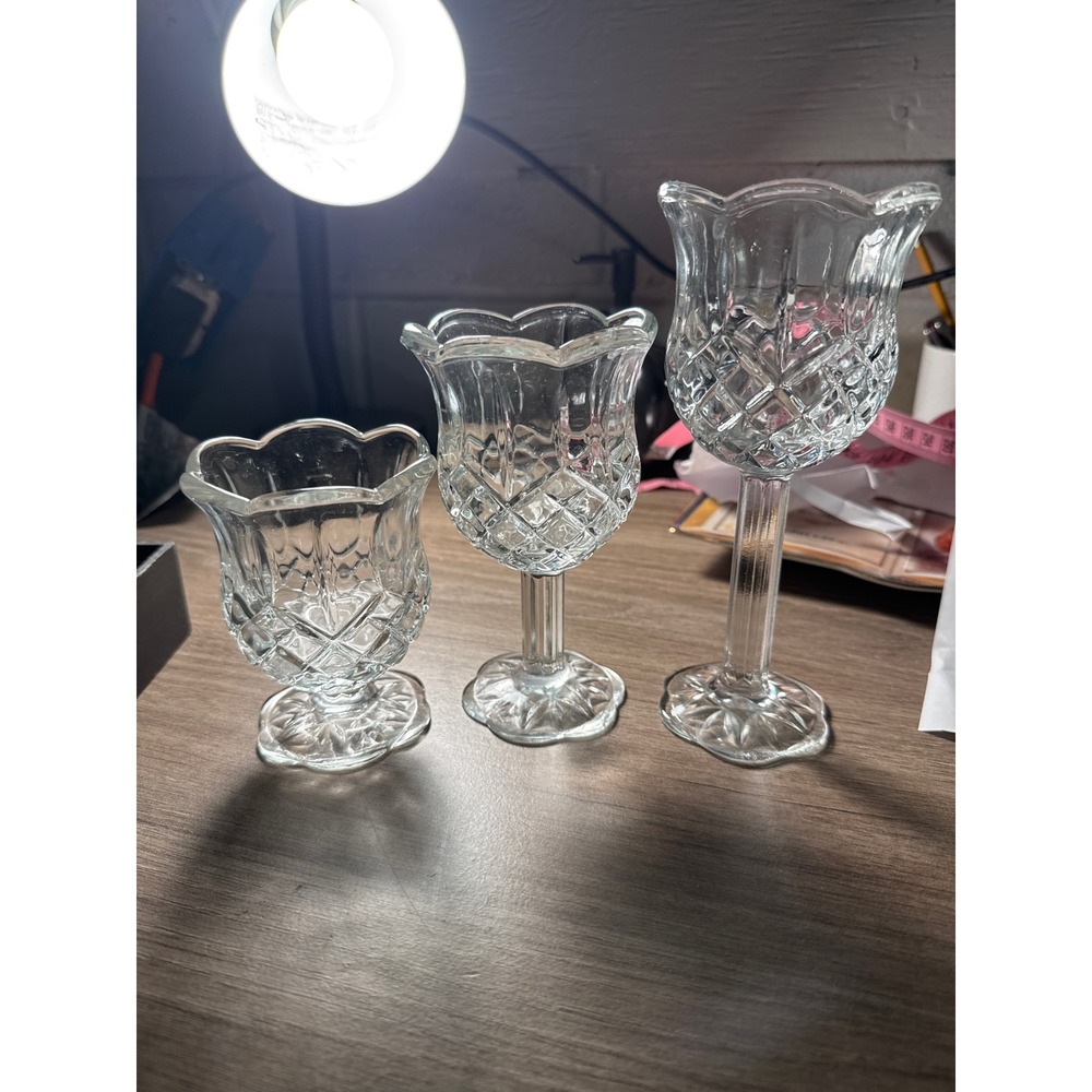 Homco Vintage Clear Glass Votive Candle Holder Set 3 Graduated quilted USA